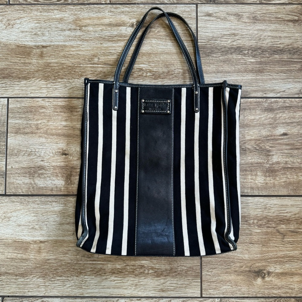 Kate Spade Griffen Tote Black Cream Stripe Cloth Leather Shoulder Bag - Picture 5 of 15